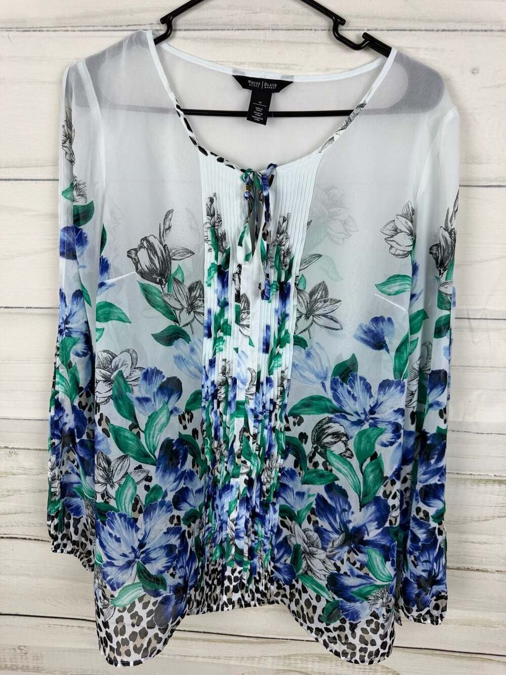 White House Black Market Floral & Leopard Print Pleated Blouse Size 14 - Picture 1 of 7